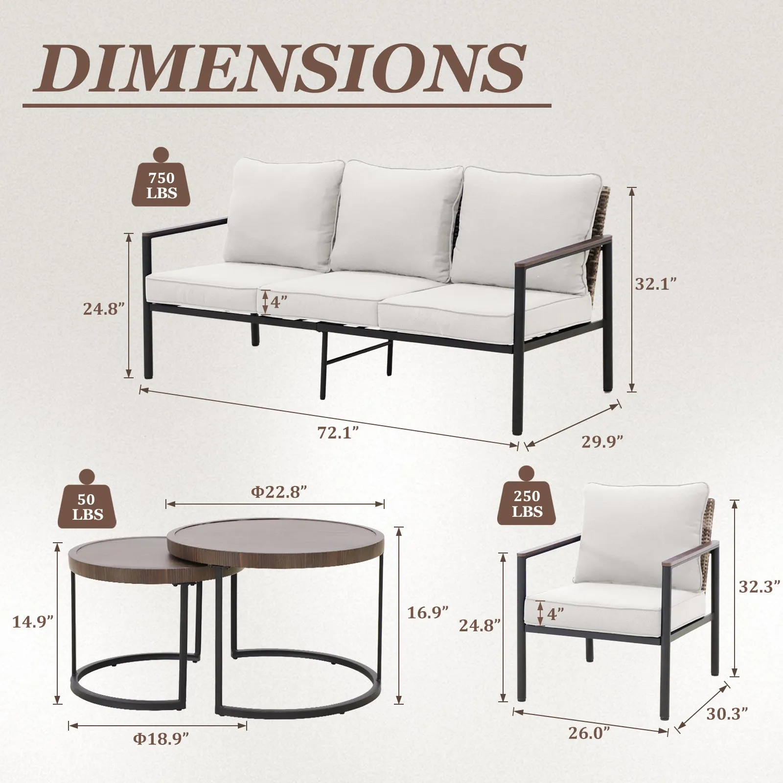 COOS BAY 5 Pieces Patio Furniture Set, Includes Patio Chairs, 3 Seater Patio Sofa and Nesting Coffee Tables, Beige/Blue
