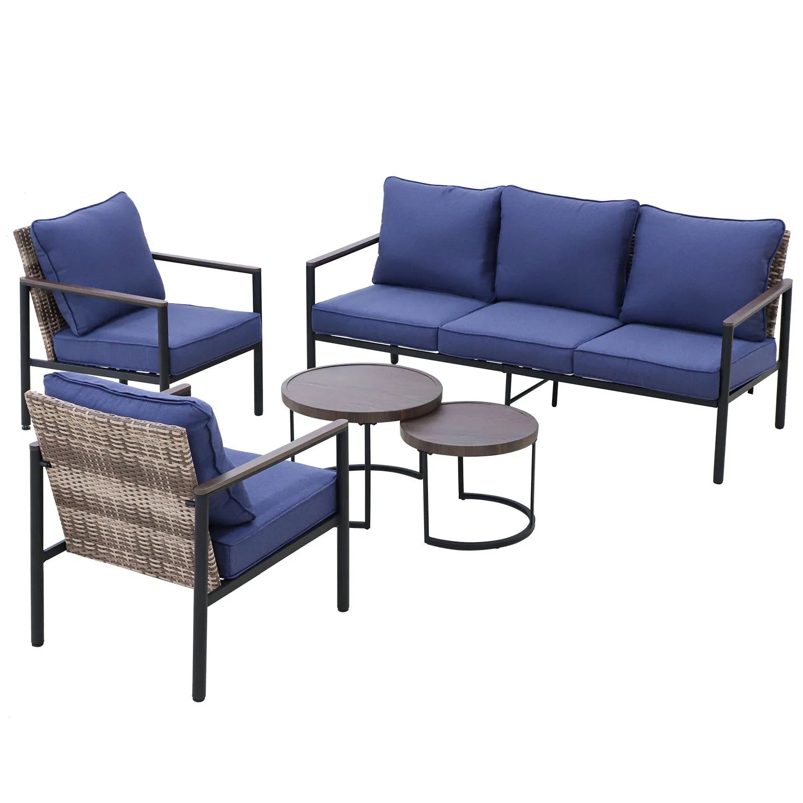 COOS BAY 5 Pieces Patio Furniture Set, Includes Patio Chairs, 3 Seater Patio Sofa and Nesting Coffee Tables, Beige/Blue