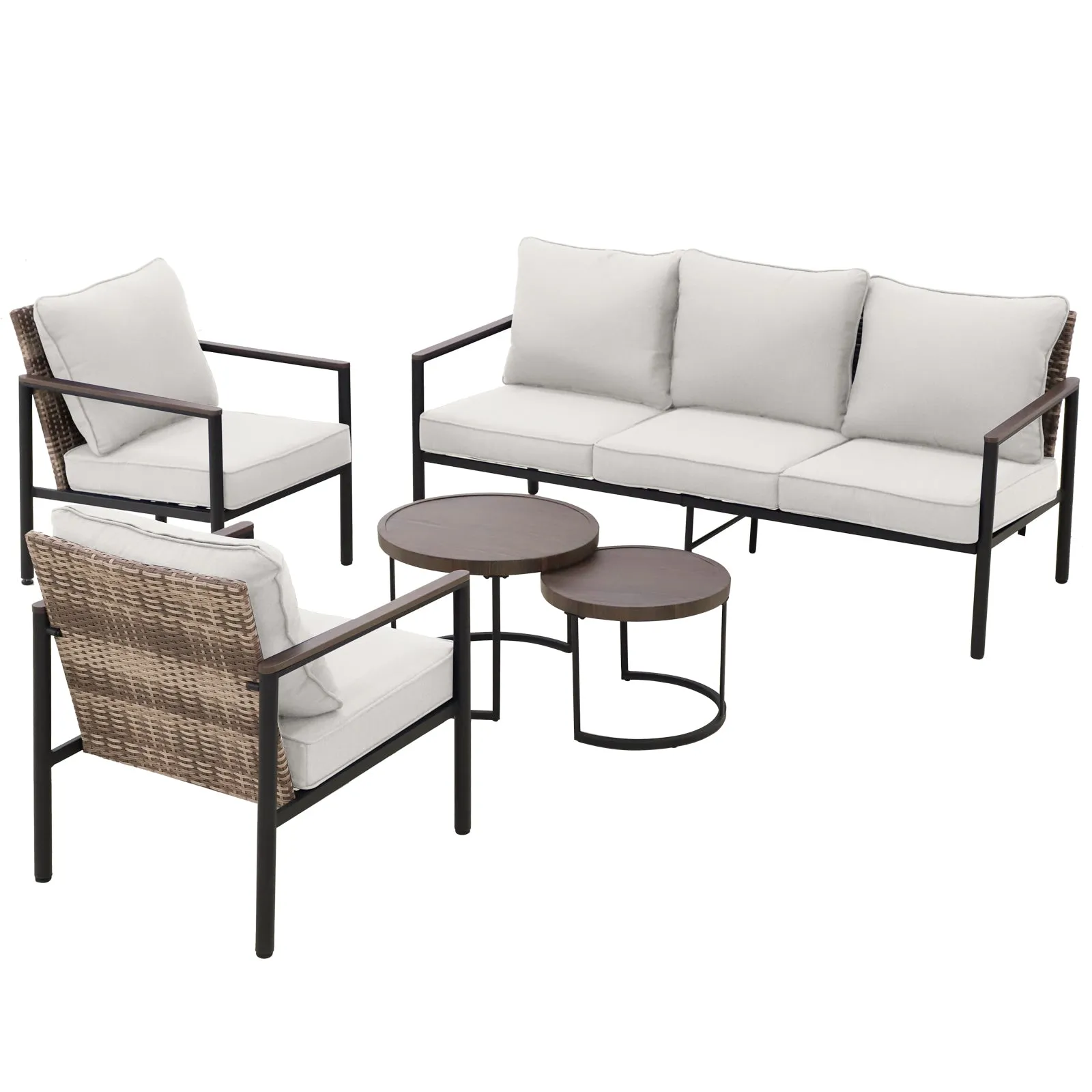 COOS BAY 5 Pieces Patio Furniture Set, Includes Patio Chairs, 3 Seater Patio Sofa and Nesting Coffee Tables, Beige/Blue