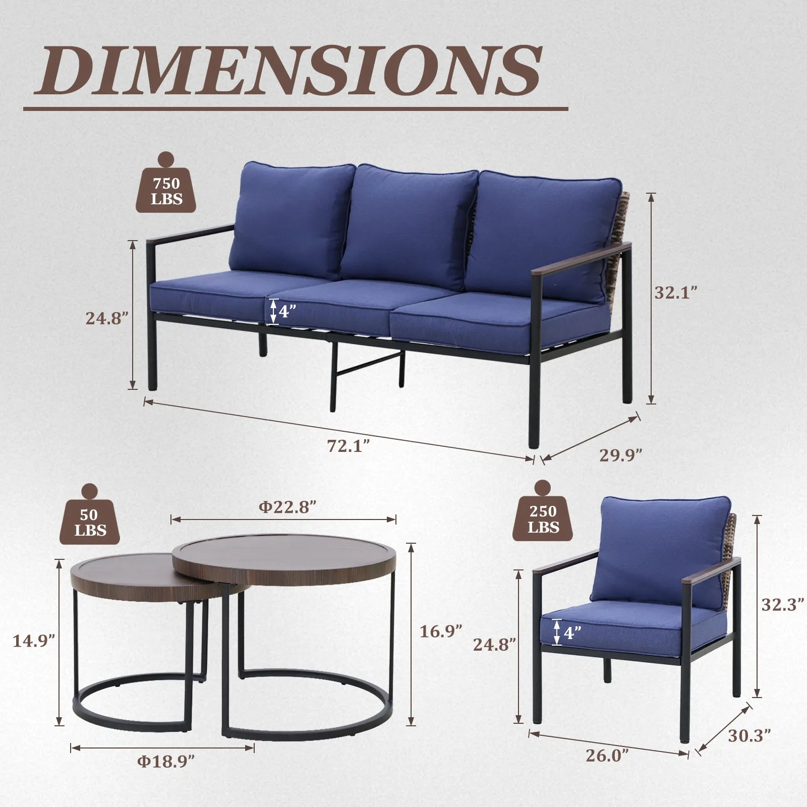 COOS BAY 5 Pieces Patio Furniture Set, Includes Patio Chairs, 3 Seater Patio Sofa and Nesting Coffee Tables, Beige/Blue