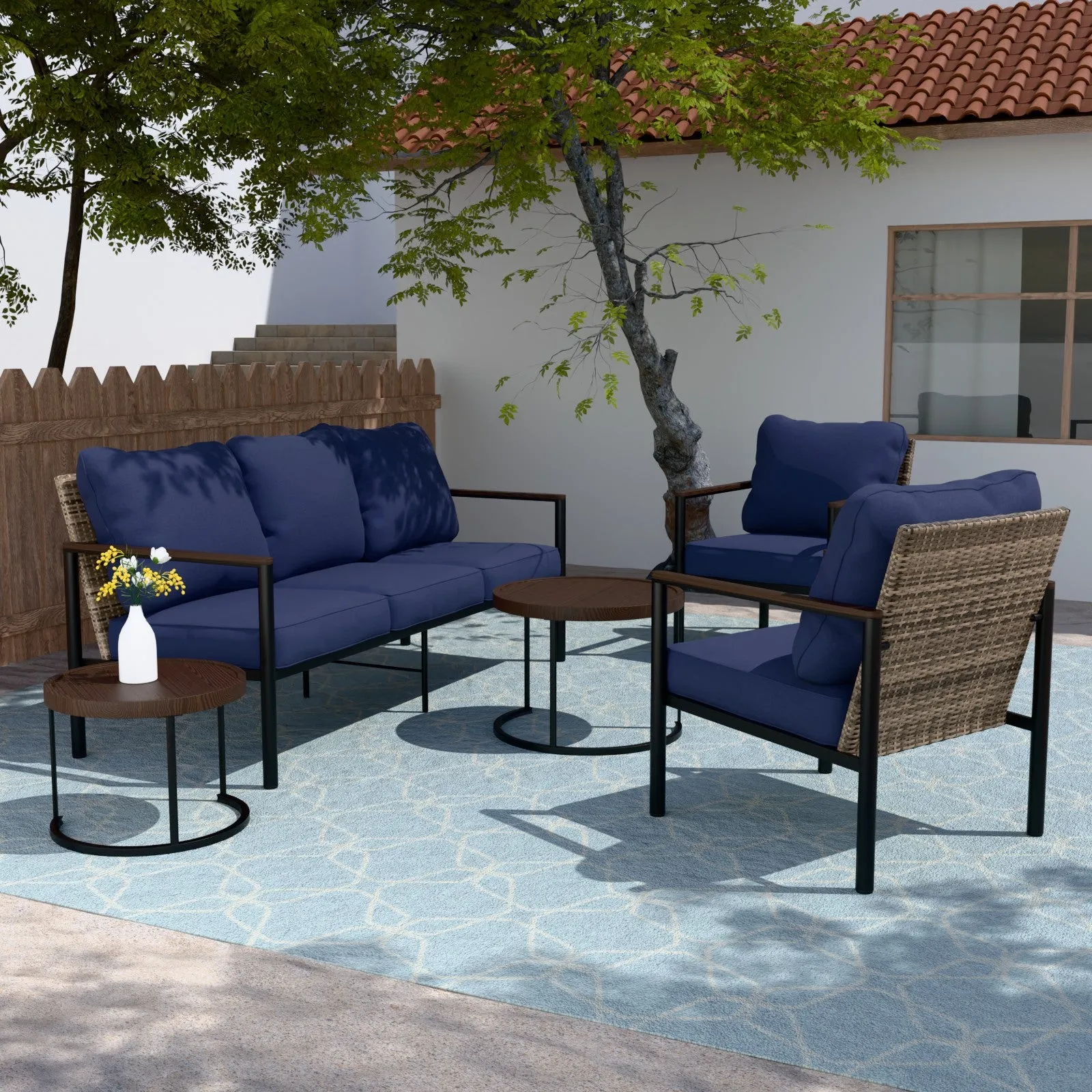 COOS BAY 5 Pieces Patio Furniture Set, Includes Patio Chairs, 3 Seater Patio Sofa and Nesting Coffee Tables, Beige/Blue