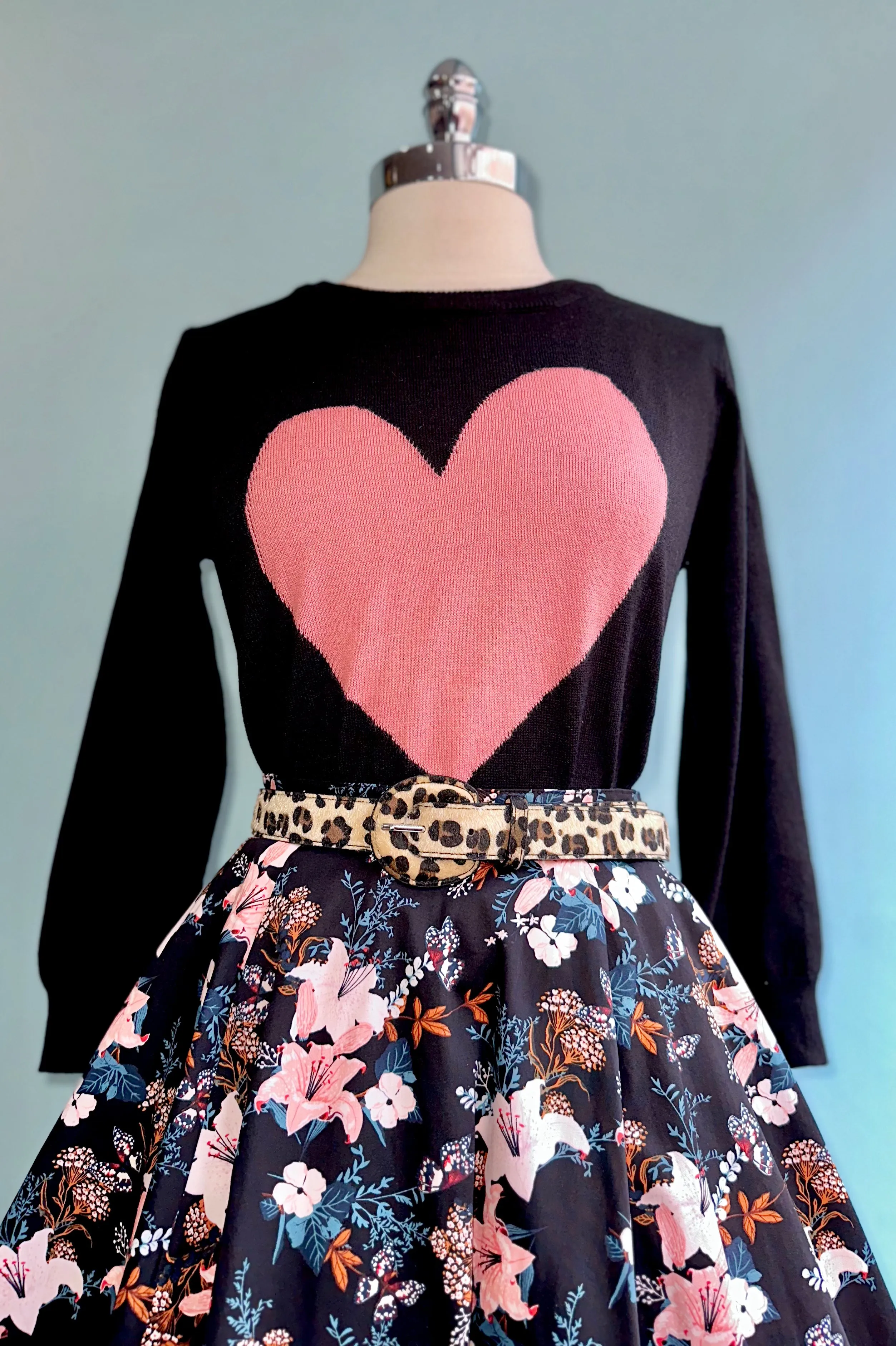 Coral and Black Heart Pullover Sweater