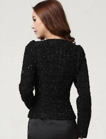 Dingaozlz Autumn-Winter coat short design Women Outerwear Elegant Beaded Diamond slim Long sleeve Plus size Small jacket M-XXXL (US 2-14)