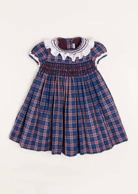Eaton Checked Handsmocked Short Sleeve Dress in Navy (12mths-10yrs)