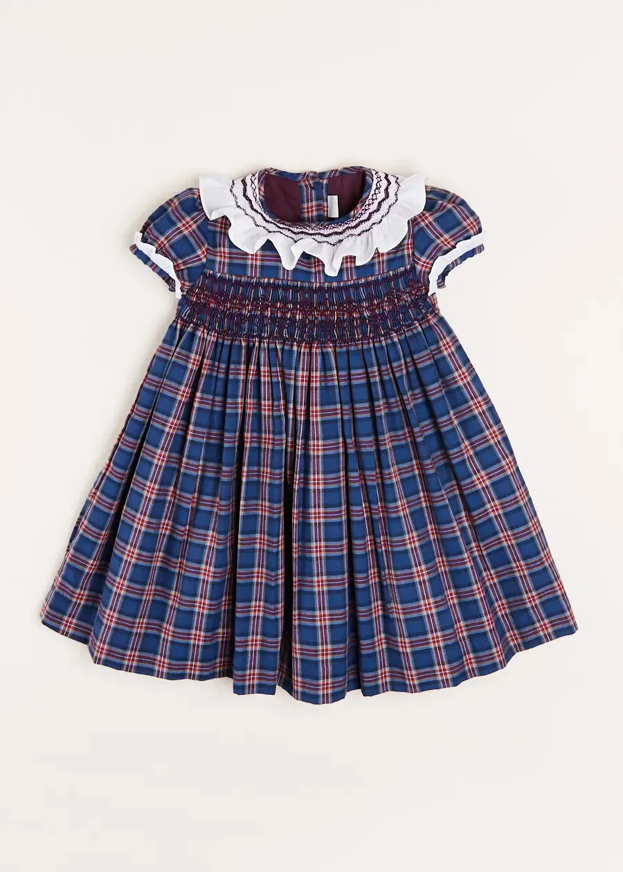 Eaton Checked Handsmocked Short Sleeve Dress in Navy (12mths-10yrs)