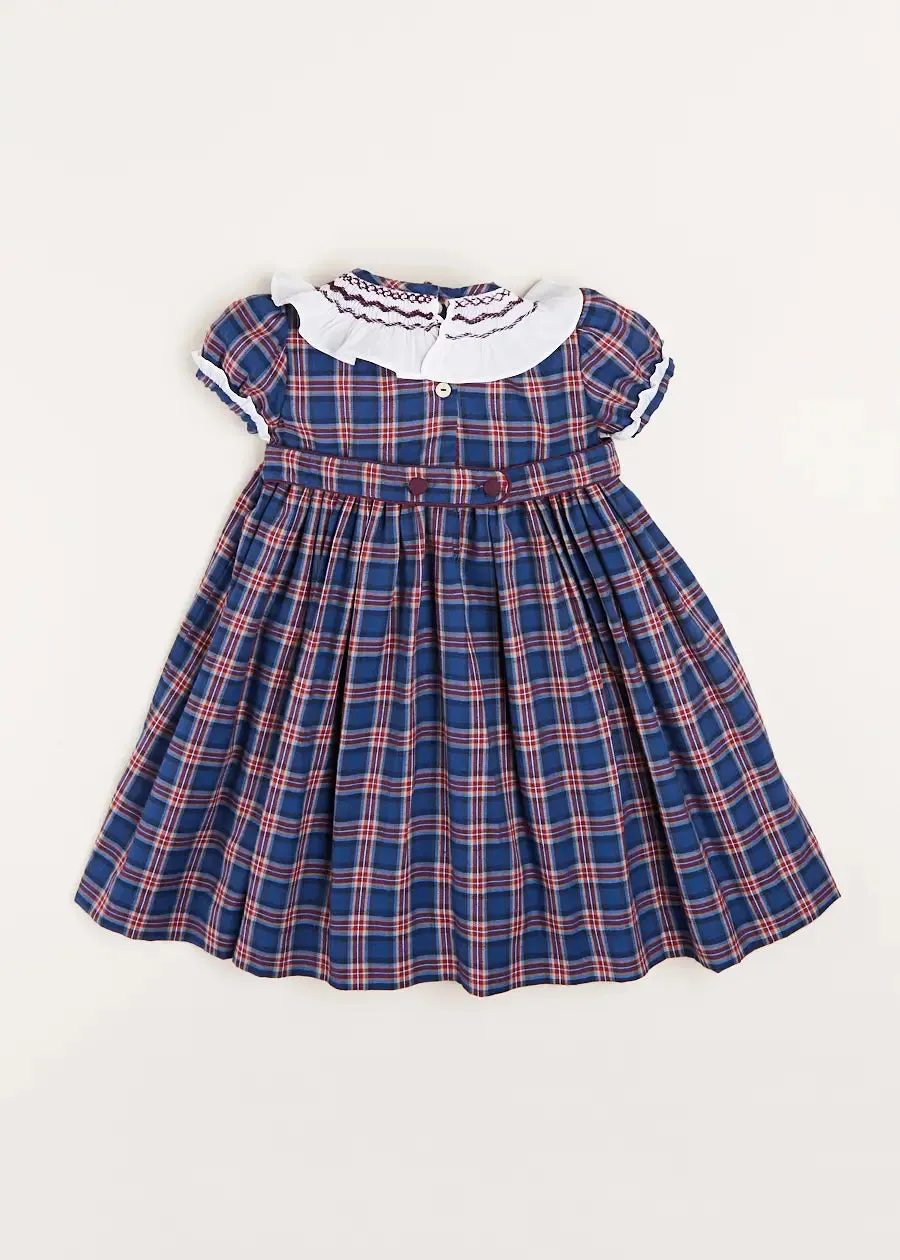 Eaton Checked Handsmocked Short Sleeve Dress in Navy (12mths-10yrs)