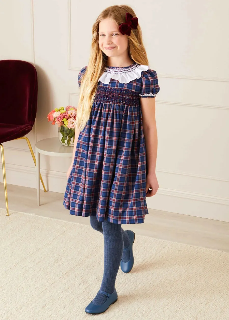 Eaton Checked Handsmocked Short Sleeve Dress in Navy (12mths-10yrs)