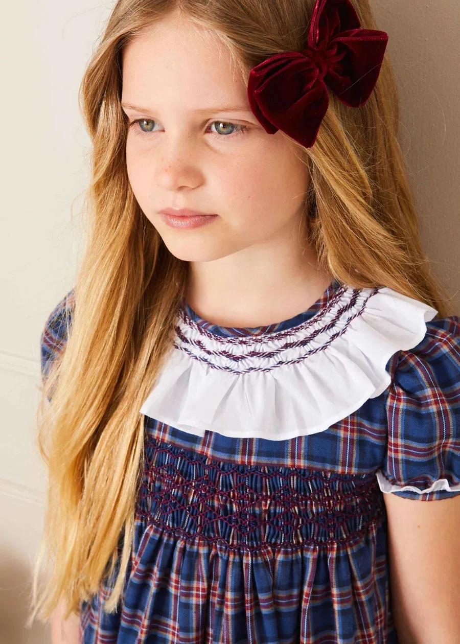 Eaton Checked Handsmocked Short Sleeve Dress in Navy (12mths-10yrs)