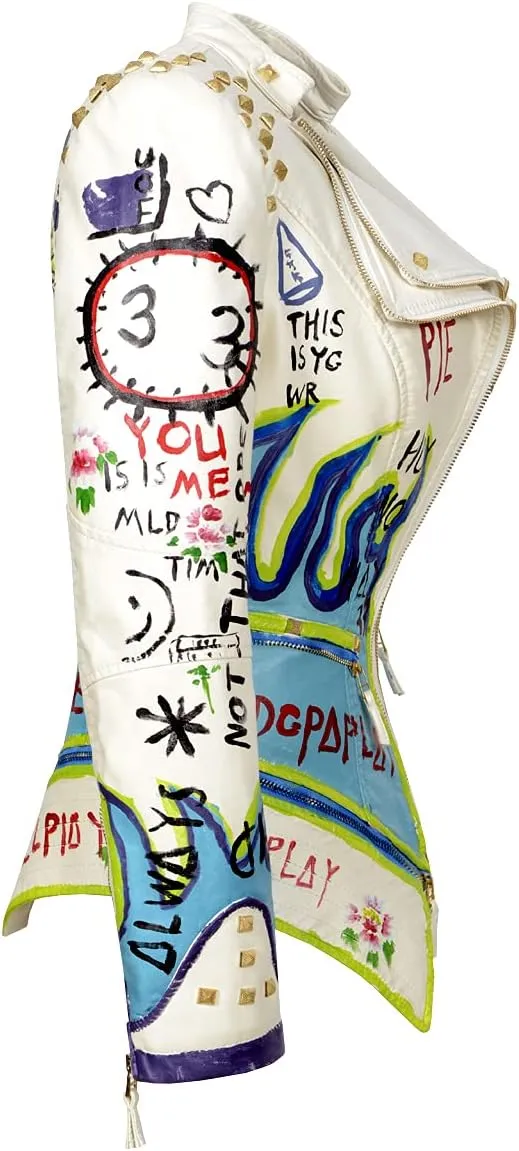 Fashion SX Women's Punk Floral Embroidered short Faux Leather Jacket Hand-painted Moto PU Coat
