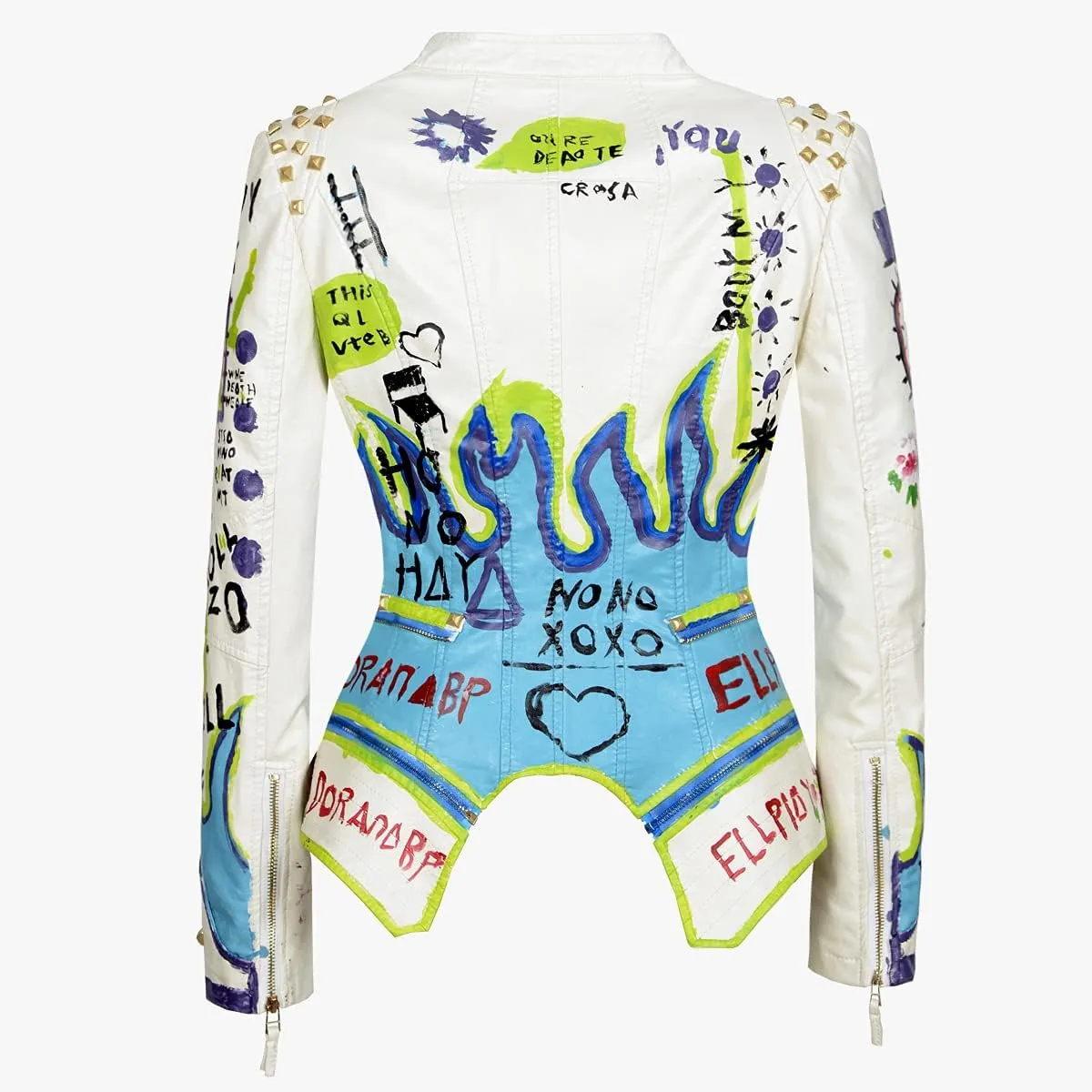 Fashion SX Women's Punk Floral Embroidered short Faux Leather Jacket Hand-painted Moto PU Coat