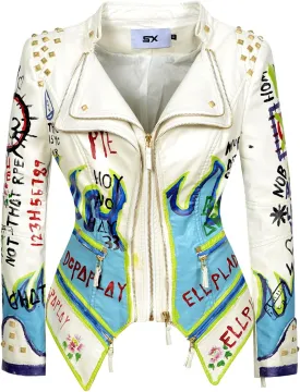 Fashion SX Women's Punk Floral Embroidered short Faux Leather Jacket Hand-painted Moto PU Coat