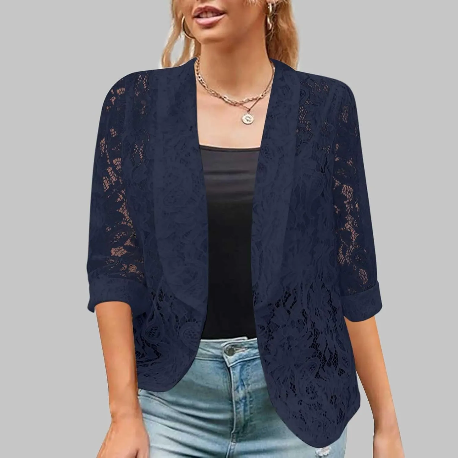 Firzero Black Blazer Jacket for Women Solid Color Sheer Lace Jacket Blazer Long Sleeve Open Front Button Casual Jacket