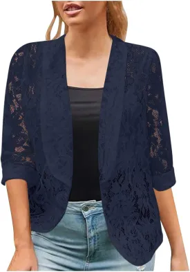 Firzero Black Blazer Jacket for Women Solid Color Sheer Lace Jacket Blazer Long Sleeve Open Front Button Casual Jacket