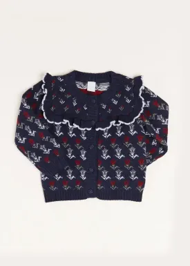 Floral Ruffle Bib Cardigan in Blue (4-10yrs)