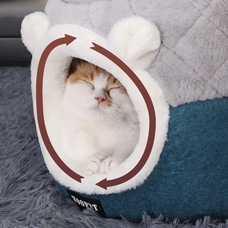 Fluffy Ears Comfy Convertible Cat Cave With Cooling Mat