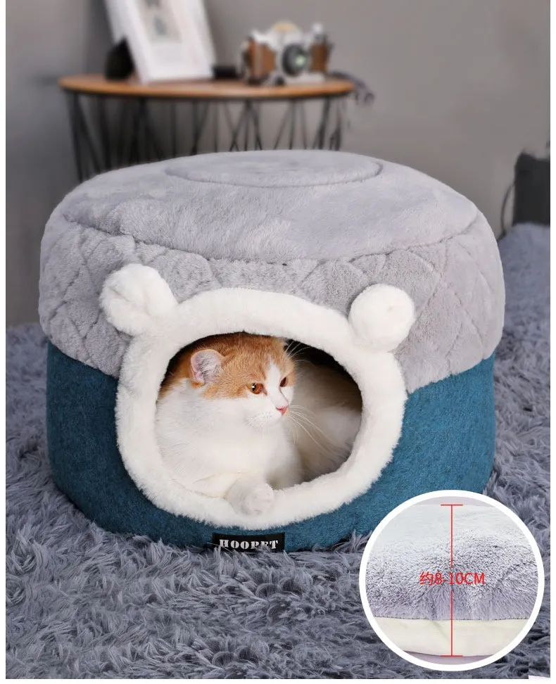 Fluffy Ears Comfy Convertible Cat Cave With Cooling Mat