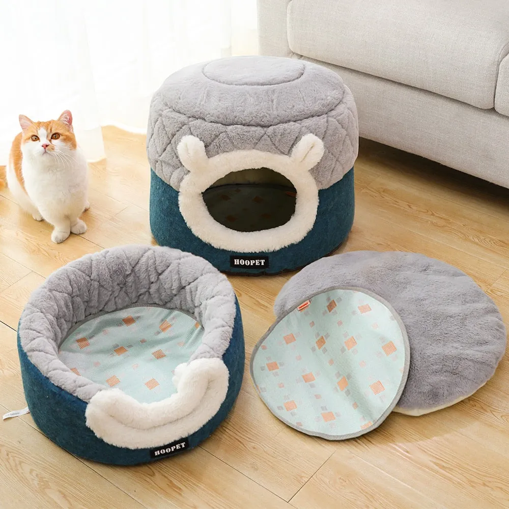 Fluffy Ears Comfy Convertible Cat Cave With Cooling Mat