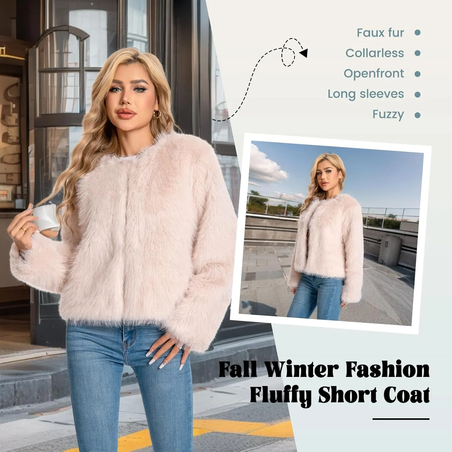 Fur Coat for Women,Faux Furry Long Sleeve Cropped Fluffy Jacket Open Front Coat Shaggy Warm Fall Winter Outerwear.