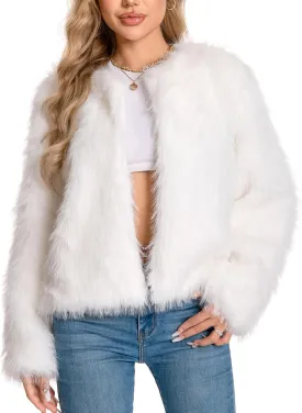 Fur Coat for Women,Faux Furry Long Sleeve Cropped Fluffy Jacket Open Front Coat Shaggy Warm Fall Winter Outerwear.