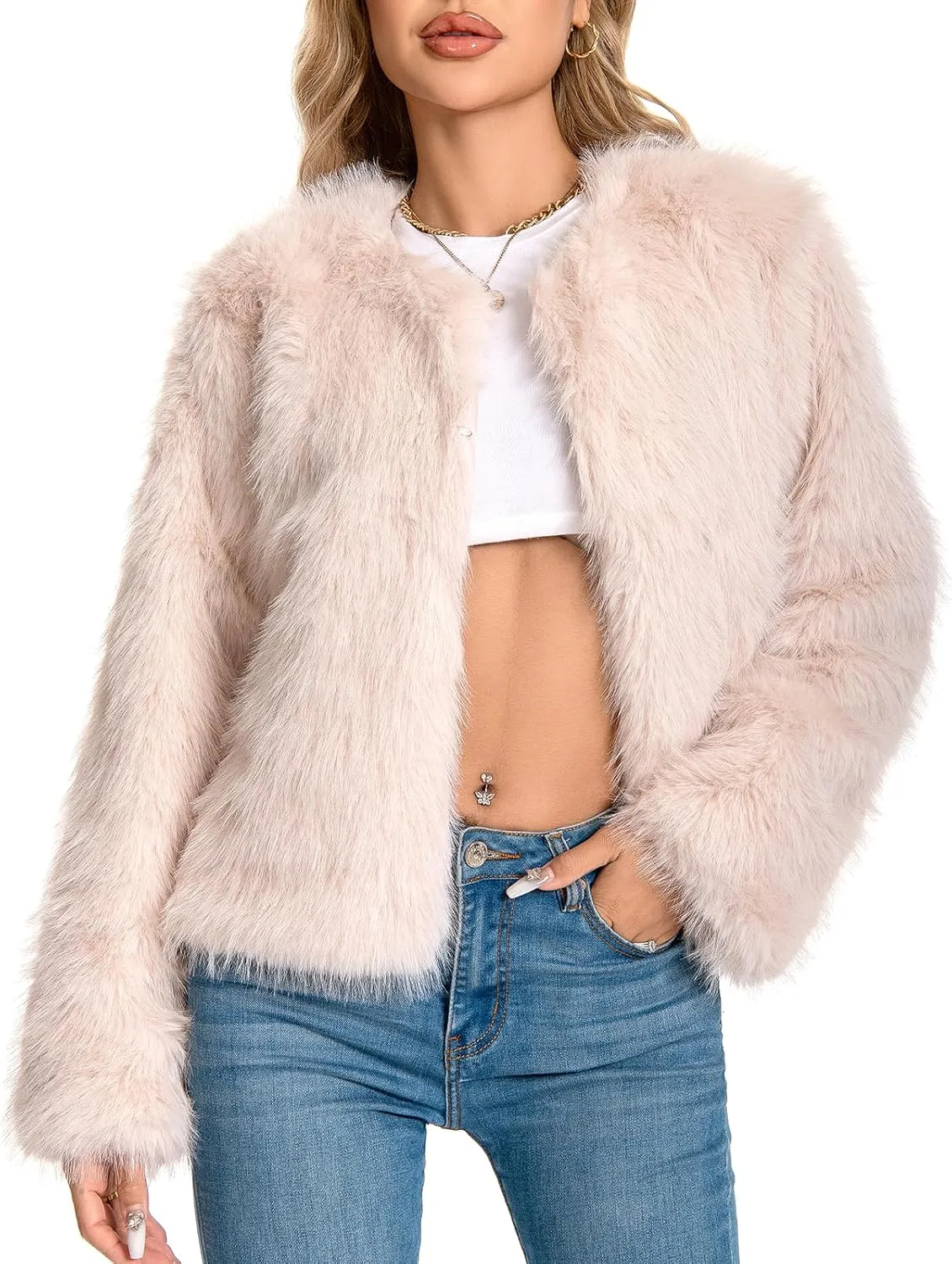 Fur Coat for Women,Faux Furry Long Sleeve Cropped Fluffy Jacket Open Front Coat Shaggy Warm Fall Winter Outerwear.