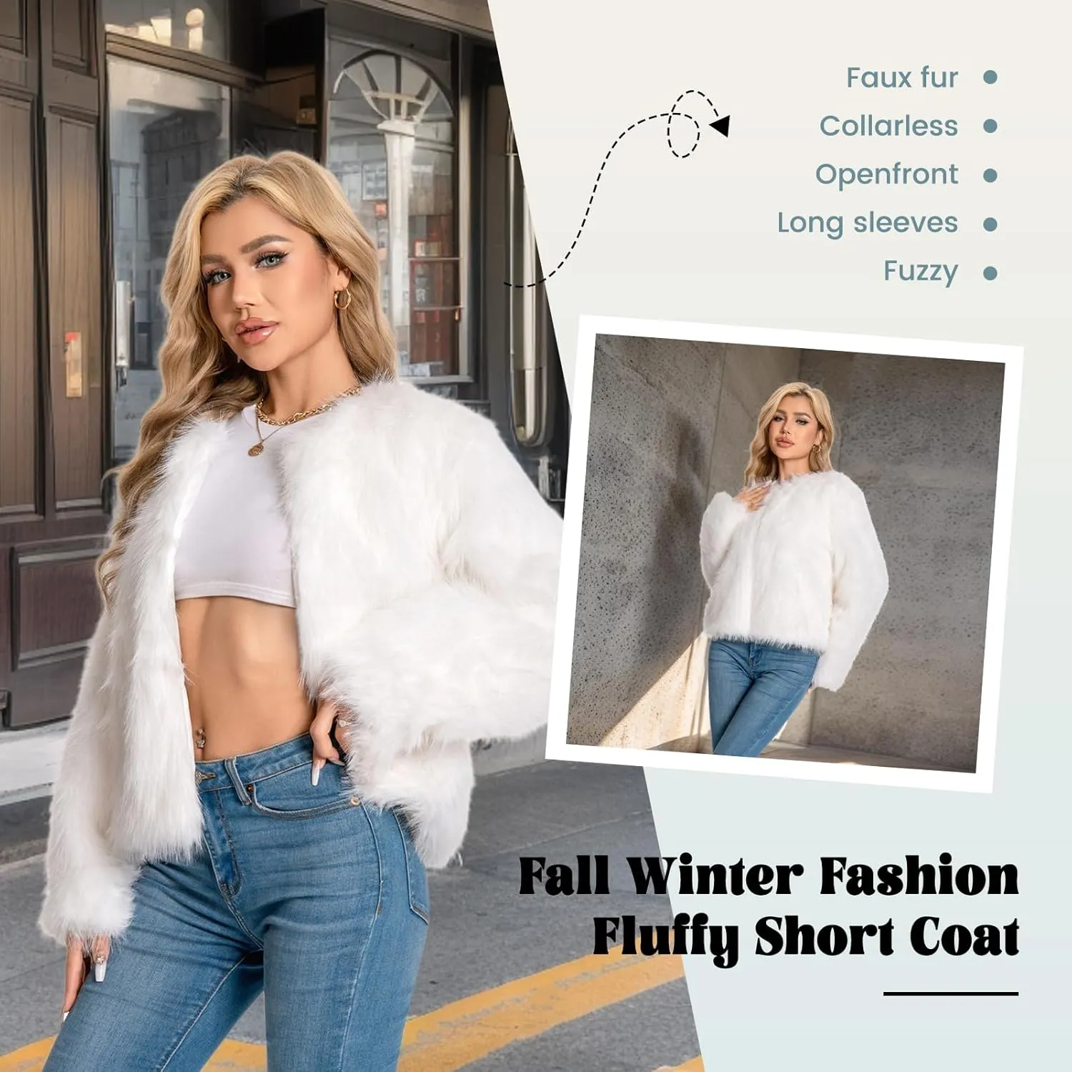 Fur Coat for Women,Faux Furry Long Sleeve Cropped Fluffy Jacket Open Front Coat Shaggy Warm Fall Winter Outerwear.