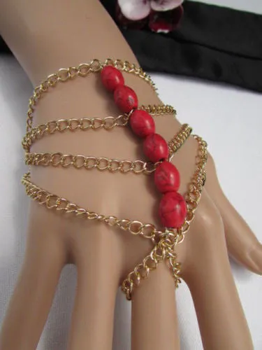 Gold Chains Bracelet Hand Chain Multi Strands Sky Blue & Red Six Big Beads Chunky Style Accessories