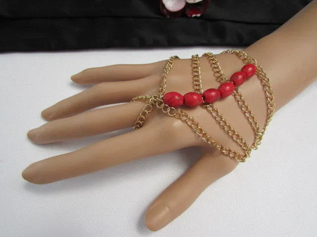 Gold Chains Bracelet Hand Chain Multi Strands Sky Blue & Red Six Big Beads Chunky Style Accessories