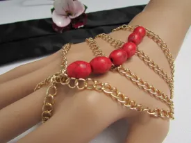 Gold Chains Bracelet Hand Chain Multi Strands Sky Blue & Red Six Big Beads Chunky Style Accessories