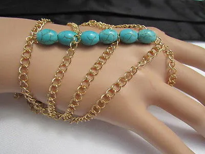 Gold Chains Bracelet Hand Chain Multi Strands Sky Blue & Red Six Big Beads Chunky Style Accessories