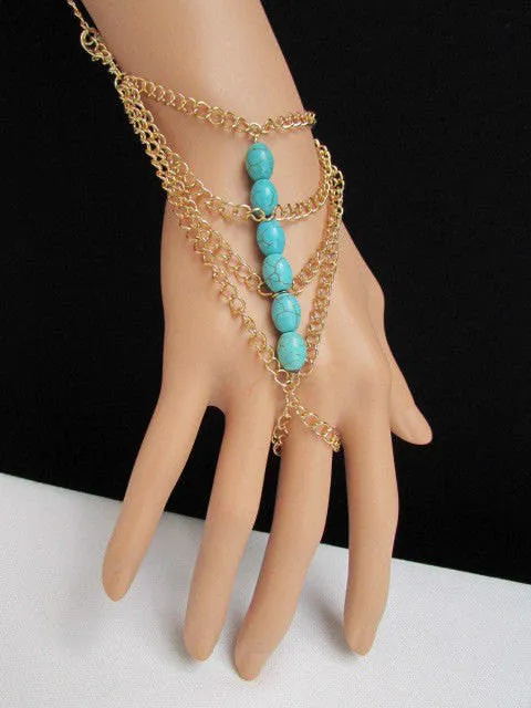 Gold Chains Bracelet Hand Chain Multi Strands Sky Blue & Red Six Big Beads Chunky Style Accessories