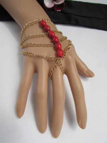 Gold Chains Bracelet Hand Chain Multi Strands Sky Blue & Red Six Big Beads Chunky Style Accessories