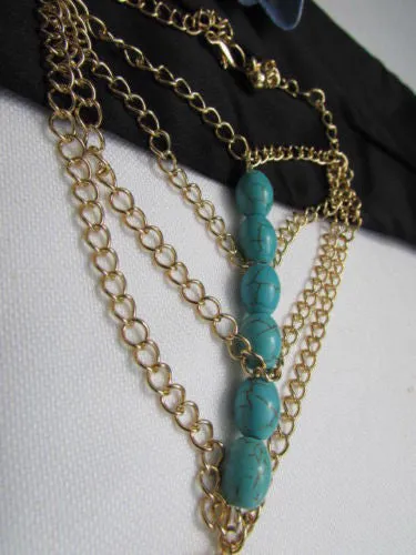 Gold Chains Bracelet Hand Chain Multi Strands Sky Blue & Red Six Big Beads Chunky Style Accessories