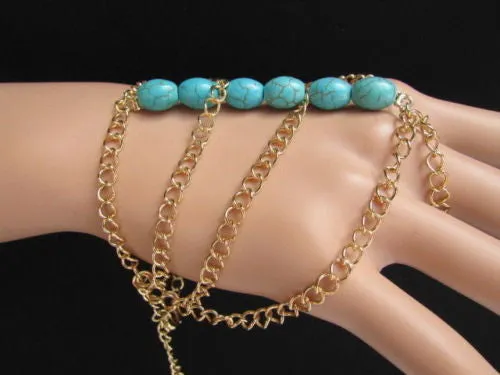 Gold Chains Bracelet Hand Chain Multi Strands Sky Blue & Red Six Big Beads Chunky Style Accessories