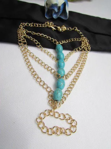 Gold Chains Bracelet Hand Chain Multi Strands Sky Blue & Red Six Big Beads Chunky Style Accessories