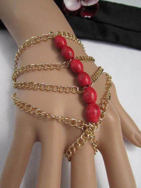 Gold Chains Bracelet Hand Chain Multi Strands Sky Blue & Red Six Big Beads Chunky Style Accessories