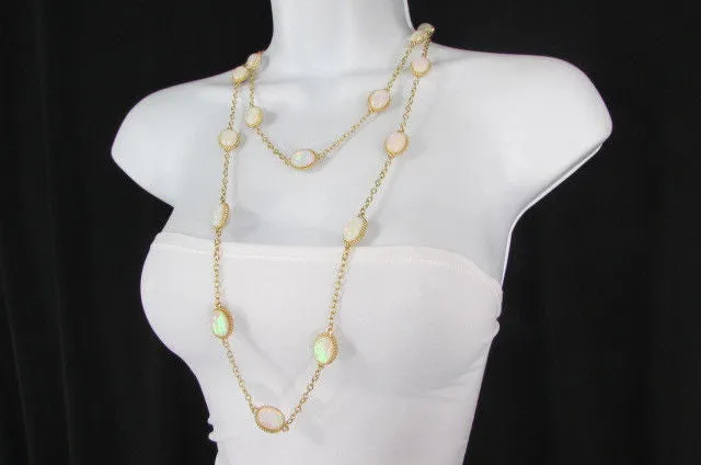 Gold Chains Shiny Cream Beads 26" Extra Long Necklace Earrings Set