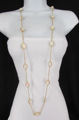 Gold Chains Shiny Cream Beads 26" Extra Long Necklace Earrings Set