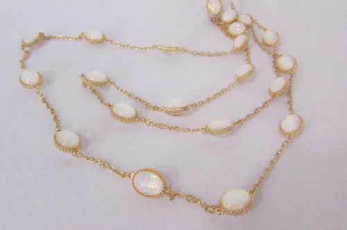 Gold Chains Shiny Cream Beads 26" Extra Long Necklace Earrings Set