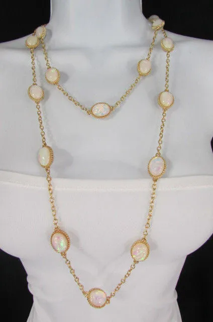 Gold Chains Shiny Cream Beads 26" Extra Long Necklace Earrings Set