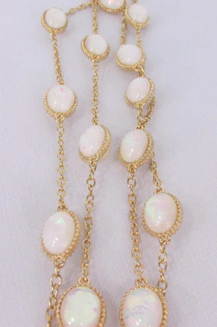 Gold Chains Shiny Cream Beads 26" Extra Long Necklace Earrings Set