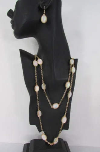 Gold Chains Shiny Cream Beads 26" Extra Long Necklace Earrings Set