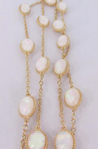 Gold Chains Shiny Cream Beads 26" Extra Long Necklace Earrings Set