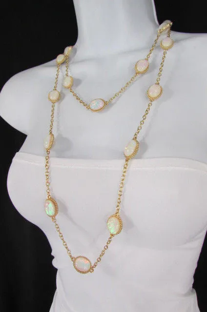Gold Chains Shiny Cream Beads 26" Extra Long Necklace Earrings Set