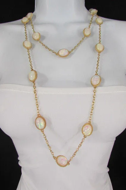Gold Chains Shiny Cream Beads 26" Extra Long Necklace Earrings Set
