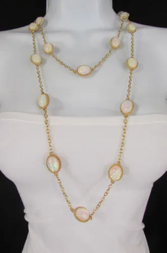 Gold Chains Shiny Cream Beads 26" Extra Long Necklace Earrings Set