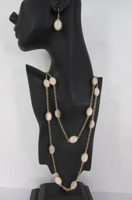 Gold Chains Shiny Cream Beads 26" Extra Long Necklace Earrings Set