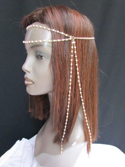 Gold Metal 80'S Stylish Long Head Chain Lightweight Imitation Pearls Beads