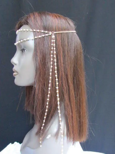 Gold Metal 80'S Stylish Long Head Chain Lightweight Imitation Pearls Beads