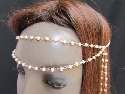 Gold Metal 80'S Stylish Long Head Chain Lightweight Imitation Pearls Beads