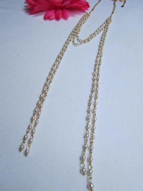 Gold Metal 80'S Stylish Long Head Chain Lightweight Imitation Pearls Beads